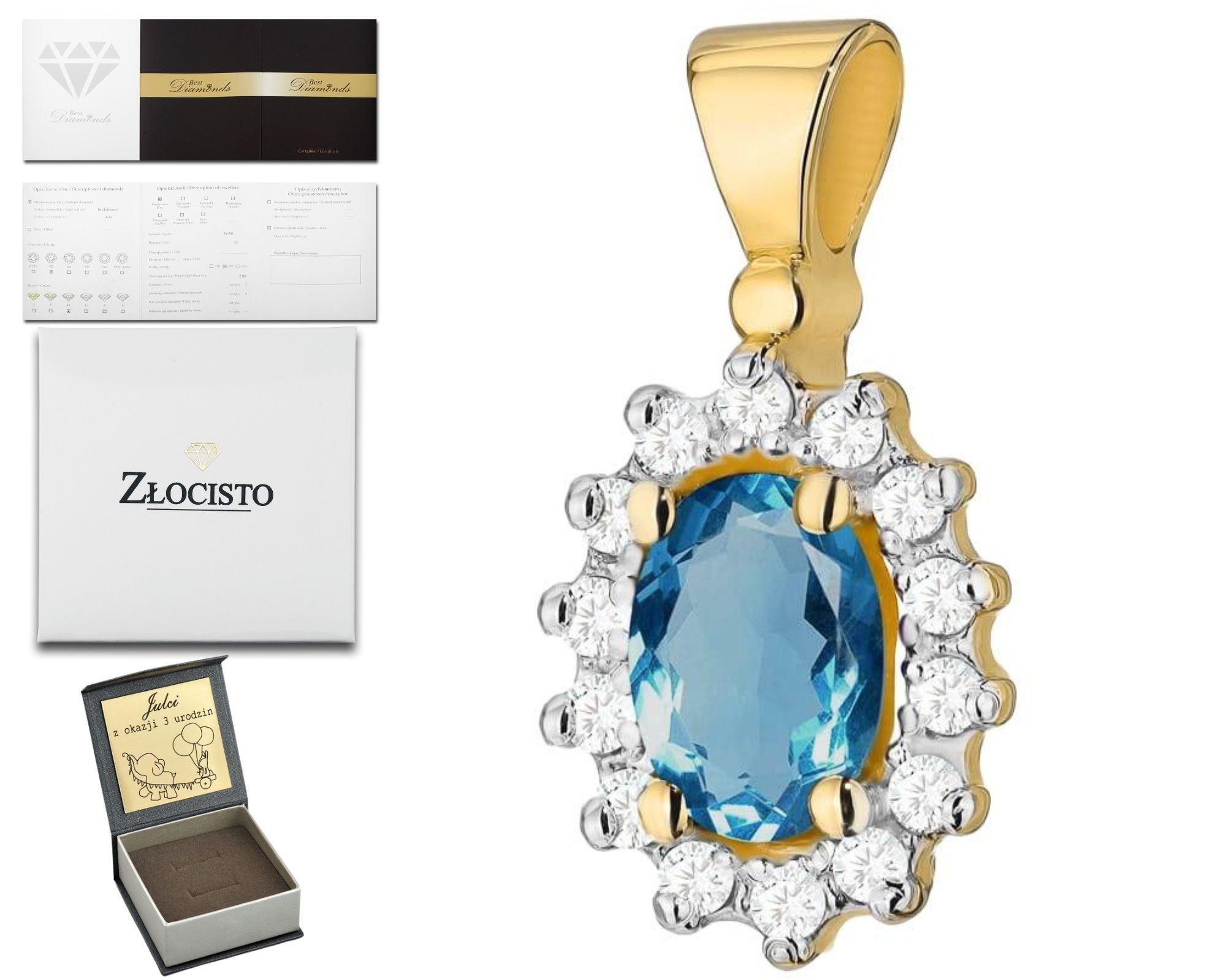 Zlatý Přívěsek S Brilianty A Topazem London Blue 585 Dárek