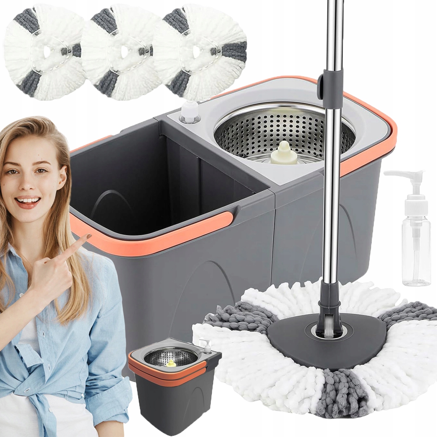 Levně Rotační Mop 360 Turbo Spin 3V1, Velký Kbelík 3 Vyměnitelné Nástavce