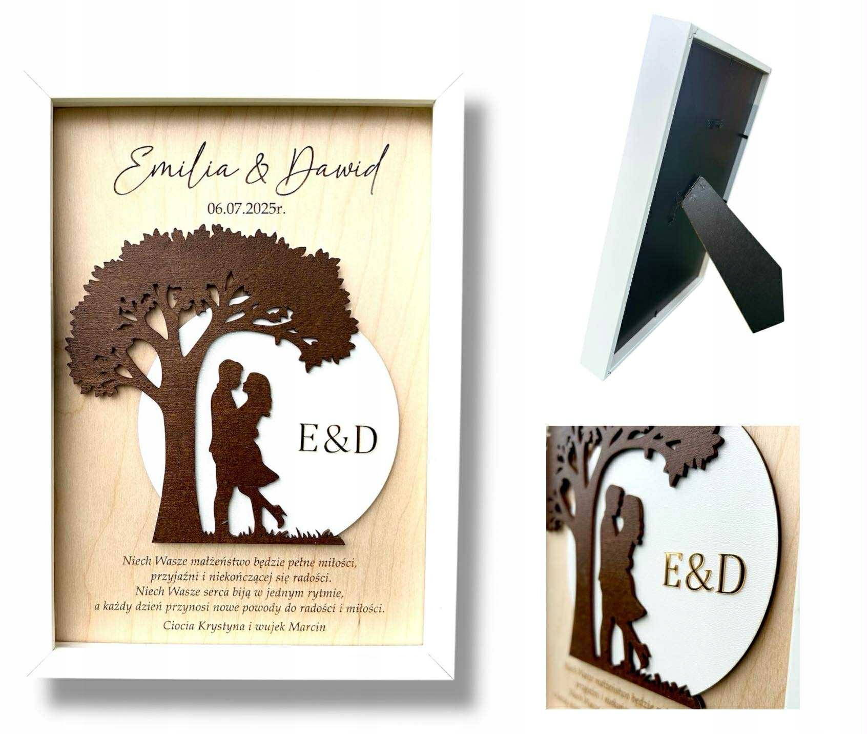 PREZENT ŚLUBNY PERSONALIZOWANY OBRAZ ZŁOTY W RAMCE PAMIĄTKA ŚLUBNA UNIKAT