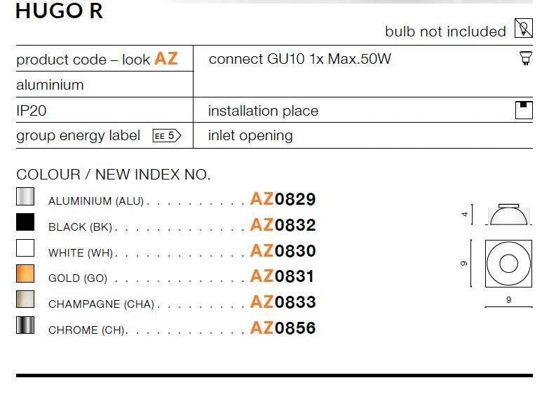 AZZARDO ODBŁYŚNIK DO OPRAWY HUGO AZ0831 ZŁOTY Typ odbłyśnik
