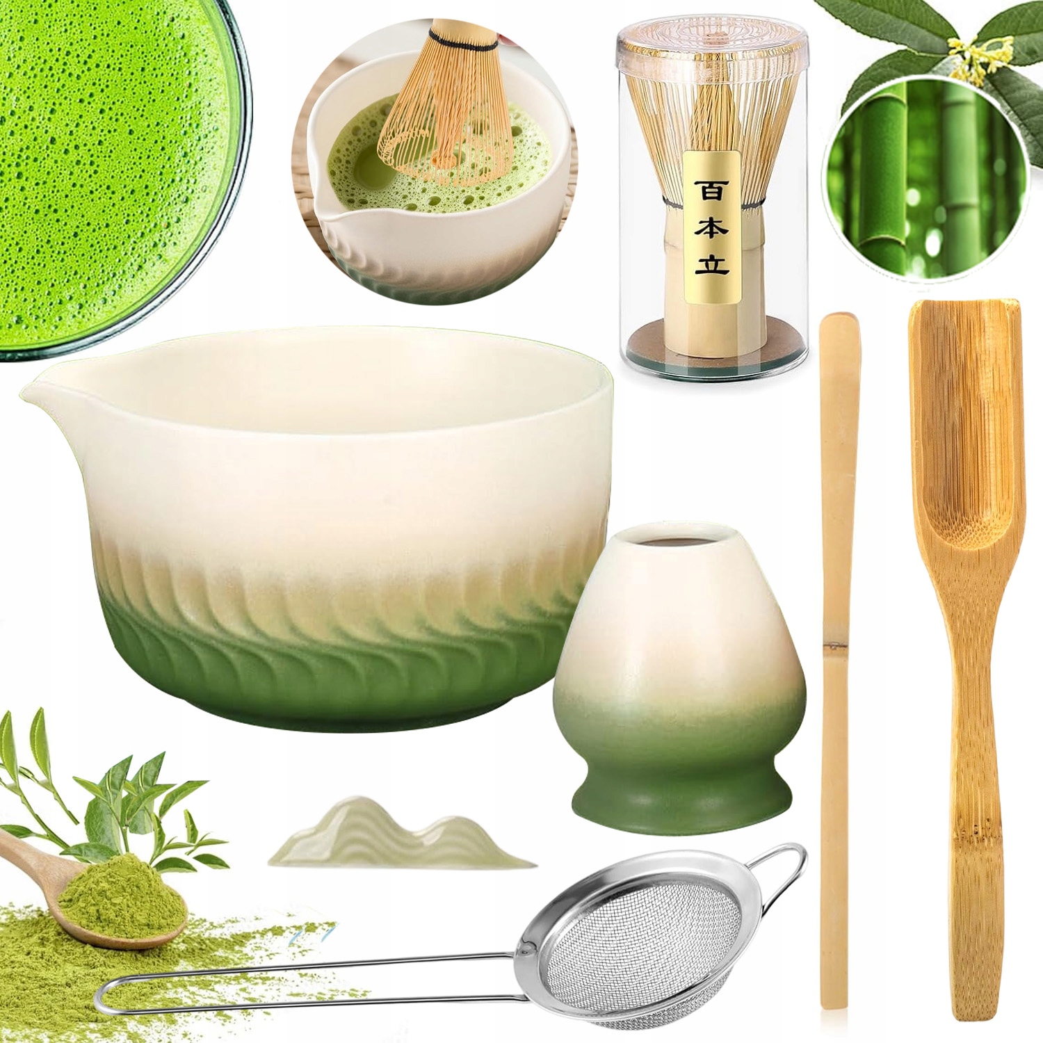 Bambusowy Zestaw Do Robienia Matchy Trzepaczka Łyżka Chasen, Miotełka 7SZT