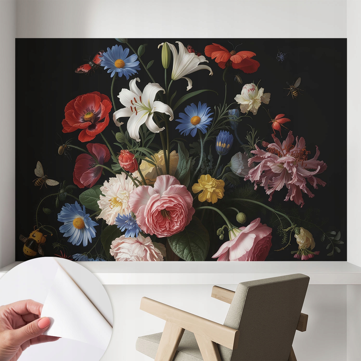 Dekorativní Samolepicí fototapeta do ložnice Květiny s hmyzem 104 x 70 cm