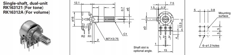 POTENCJOMETR ALPS RK163 STEREO LOG 10KAX2 Typ osiowy