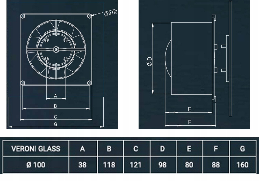 WENTYLATOR SZKLANY Z TIMEREM I HIGROSTATEM JASNY BEŻ Fi 100 Średnica 100 mm