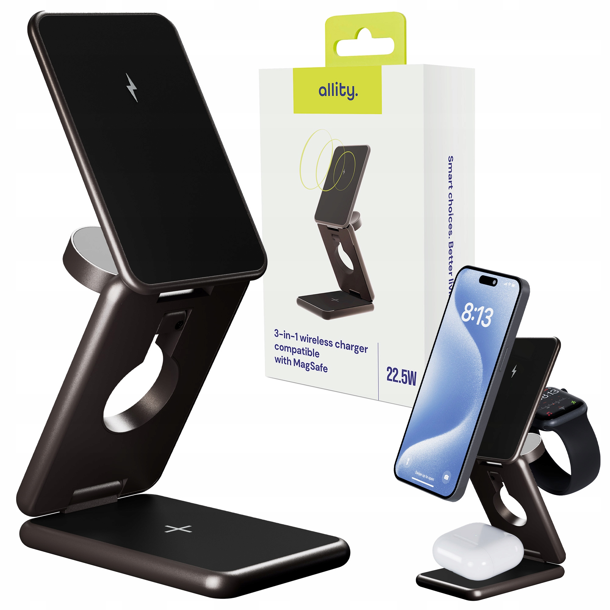 Bezdrátová indukční nabíječka MagSafe 3v1 22,5W pro telefon a sluchátka