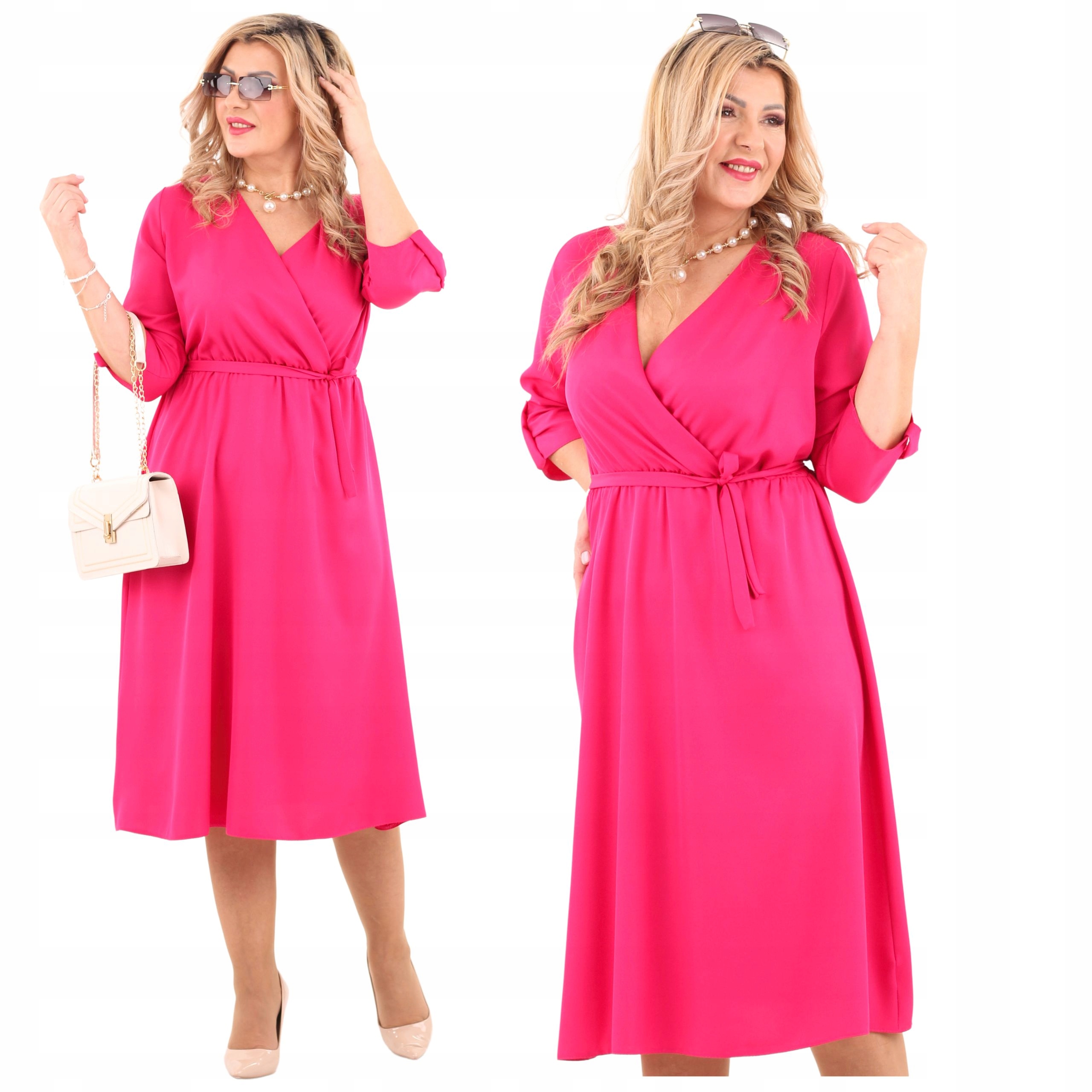 Sukienka kopertowa z paskiem Polski Producent duże rozmiary do pracy midi