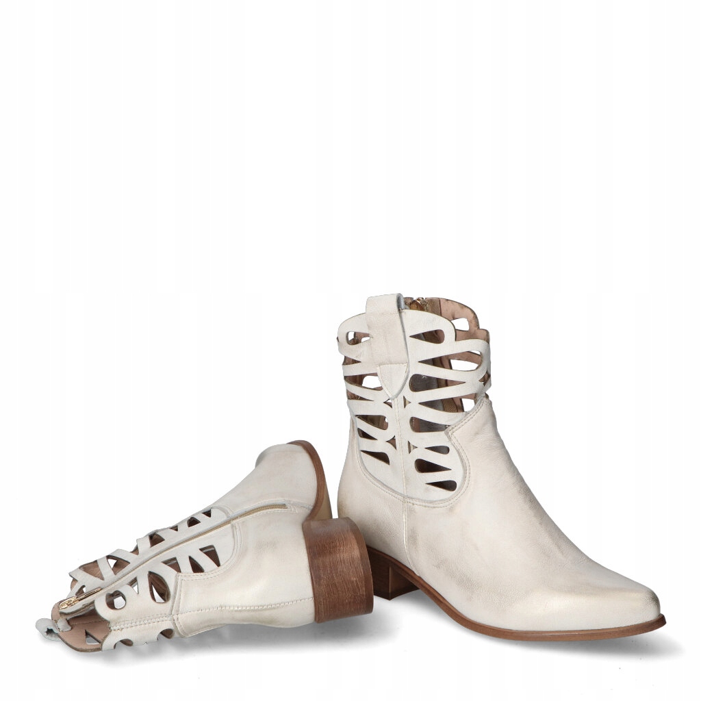 Botki Ażurowe Na Klocku Lewski Złote przecierane Skóra Naturalna 39 Długość wkładki 25.5 cm