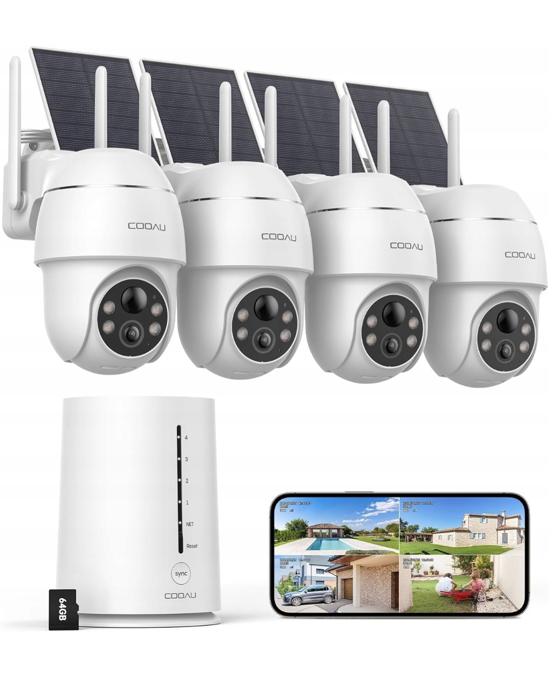 Cooau C7 4x Vonkajšia kamera s solárnym panelom IP66, sada 4 kamier Hub