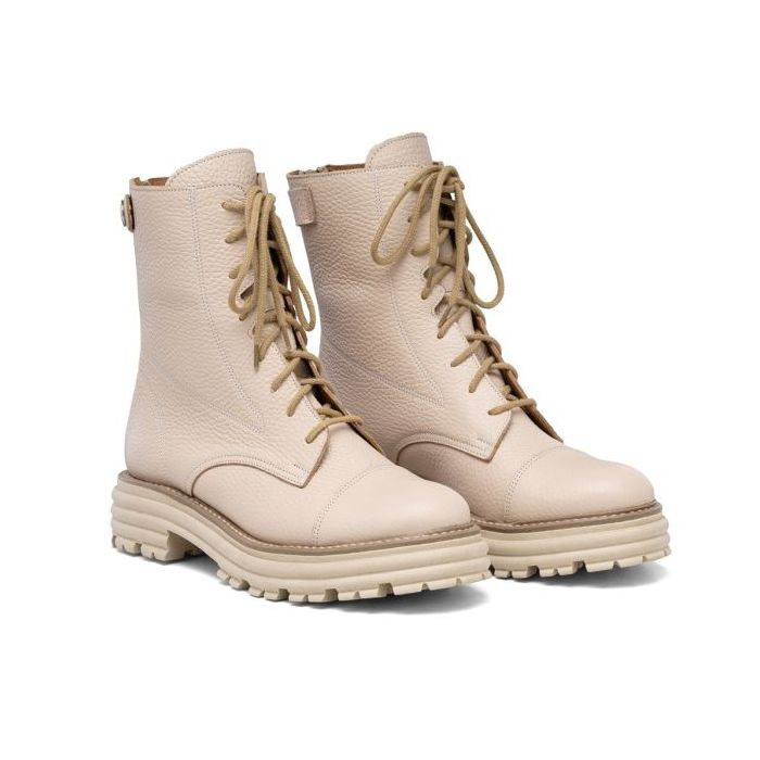 Béžové Kotníkové Boty Workery Na Platformě S Vázáním, Kožené, Hrách Butdam 41
