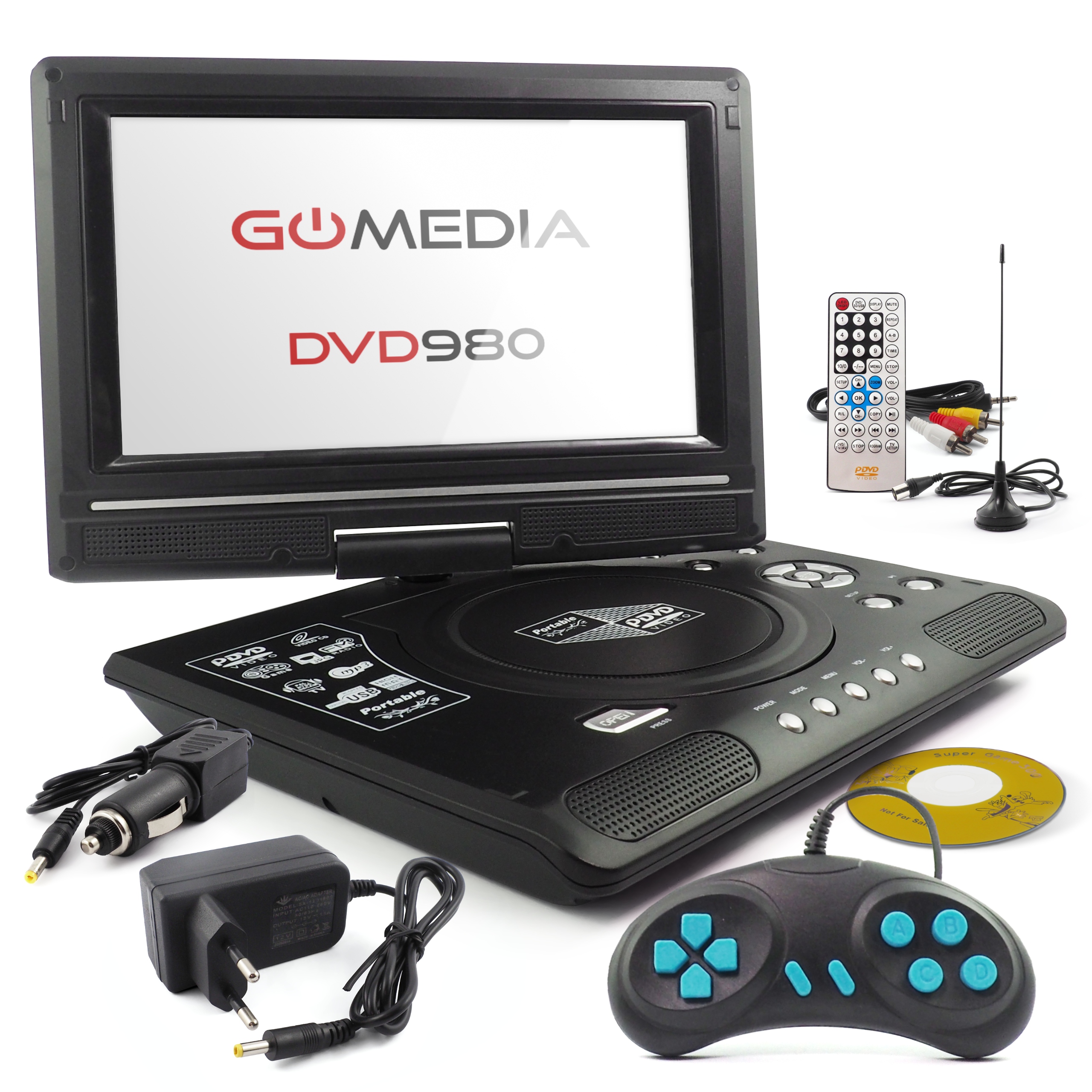 Prenosný DVD prehrávač 980 Gomedia 9.8" 300 hier Poľské Menu Usb anténa