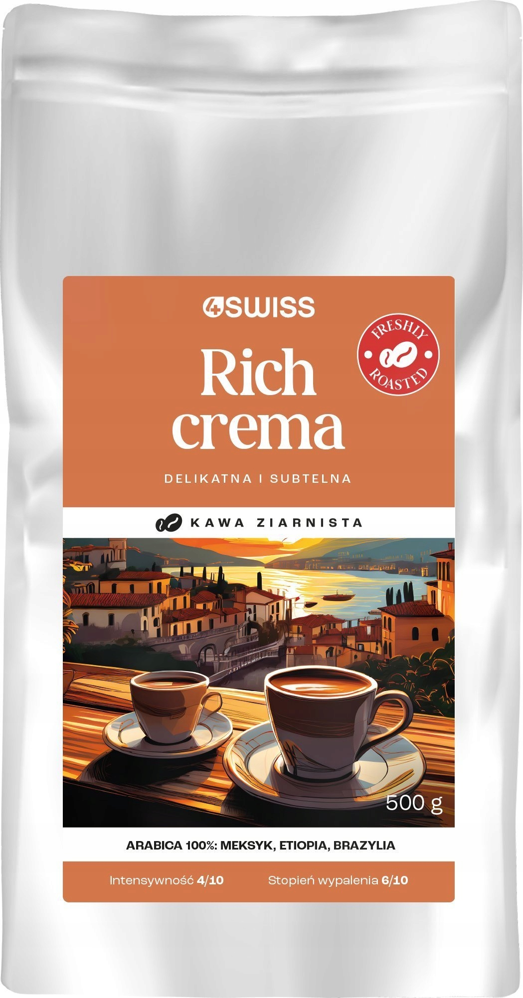 Levně Káva Zrnková Rich Crema 4Swiss 500g Jemná Čerstvě Pražená Arabica 100%