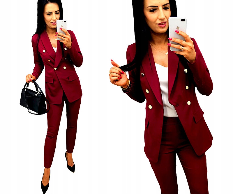 Damski Garnitur Garnitury Damskie Komplet Marynarka Spodnie Bordowe S Rozmiar S