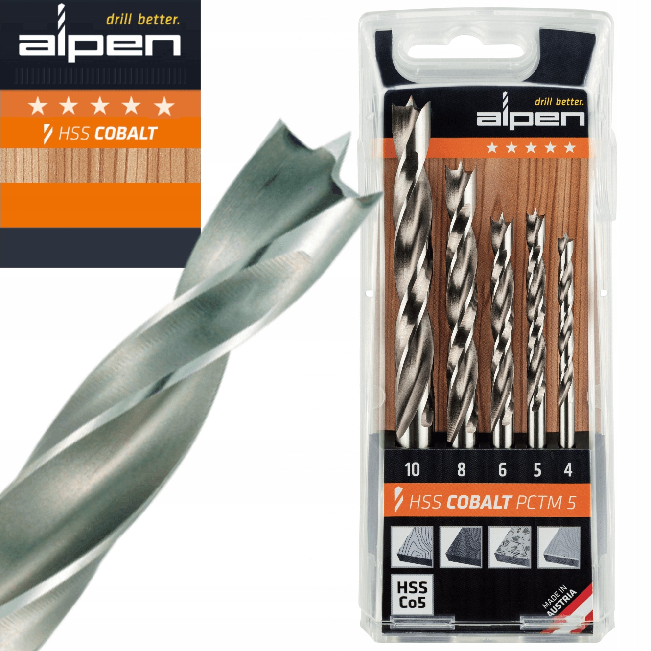 Alpen zestaw, wiertła kobaltowe do drewna fi 4/5/6/8/10 mm Hss Cobalt 5 szt