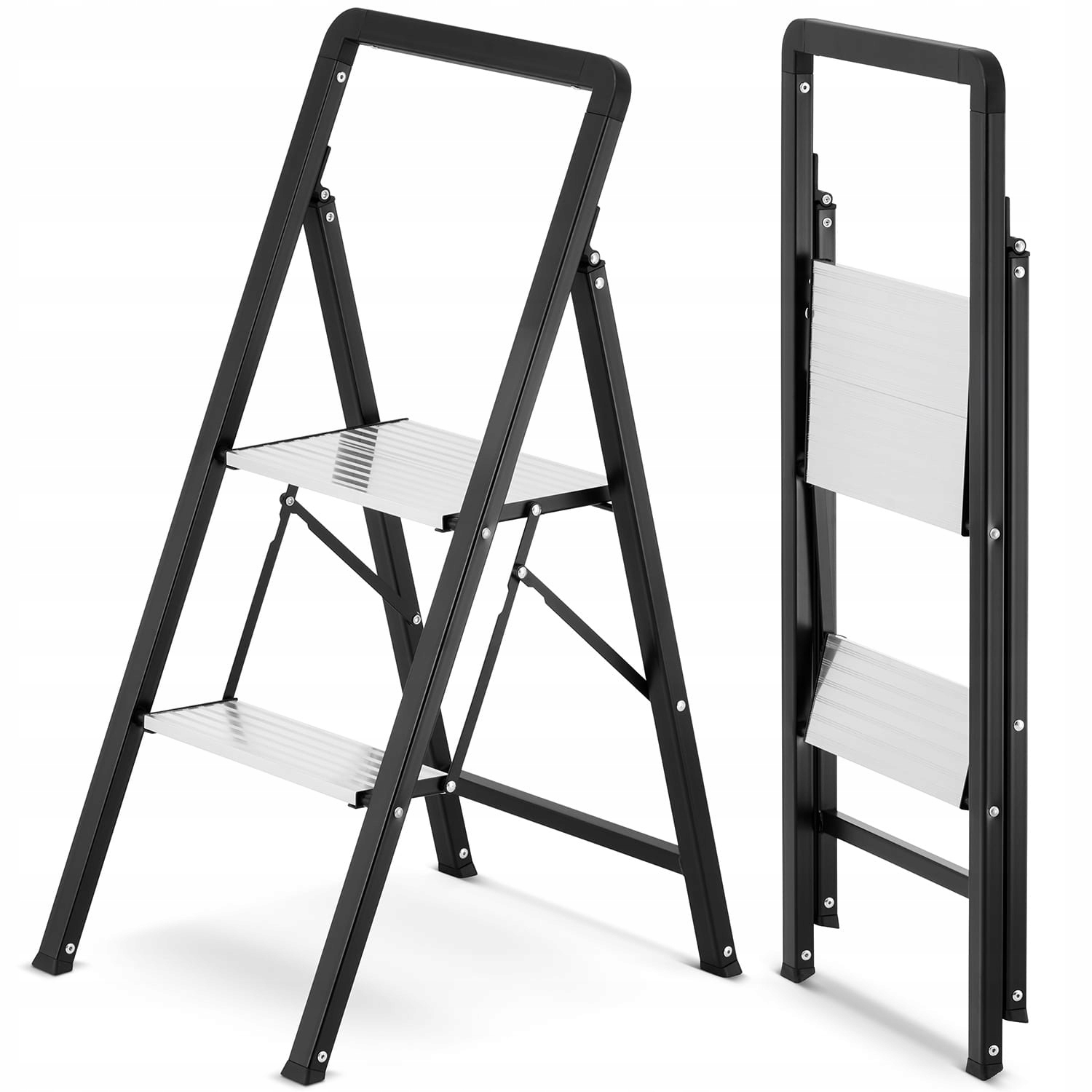 Žebřík – skládací schodiště Higher, ocelové, 2 stupně, s hrazdou