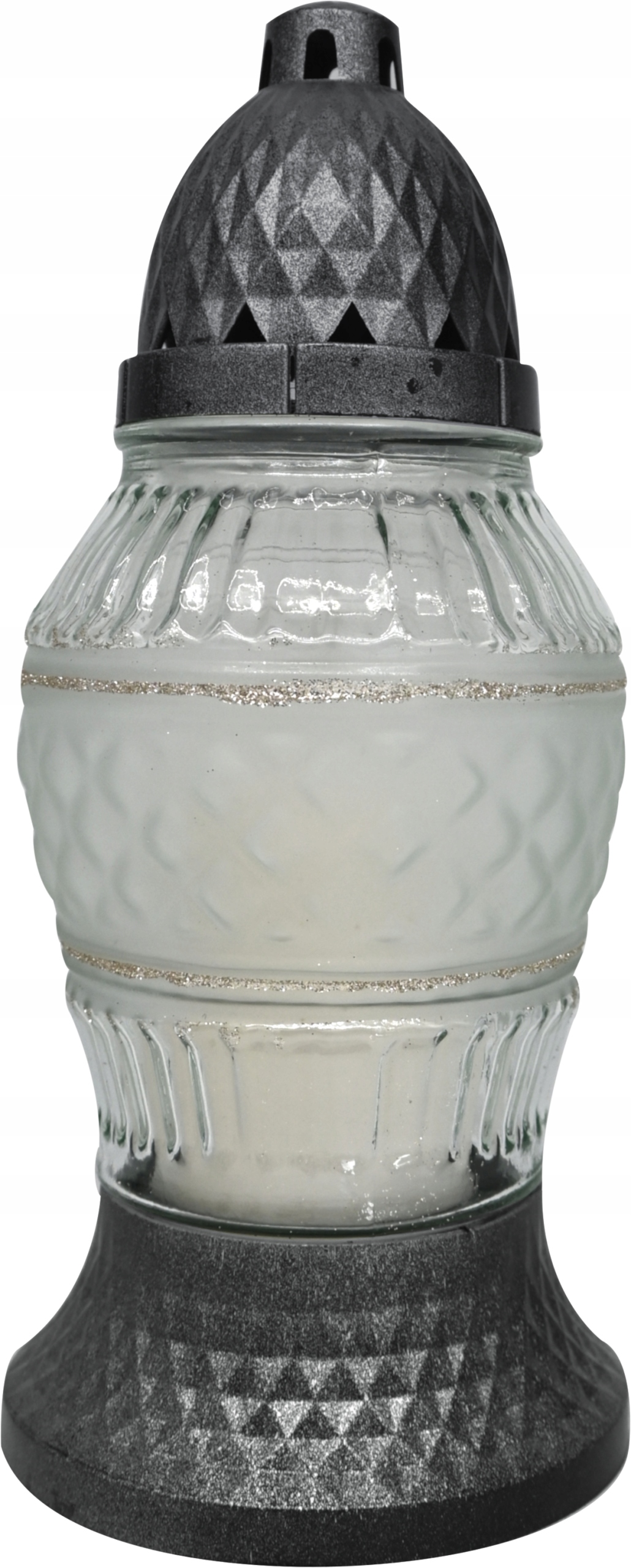 Znicz szklany LA503 25cm, wkład 80g, czas palenia 18h, BROKAT SREBRNY