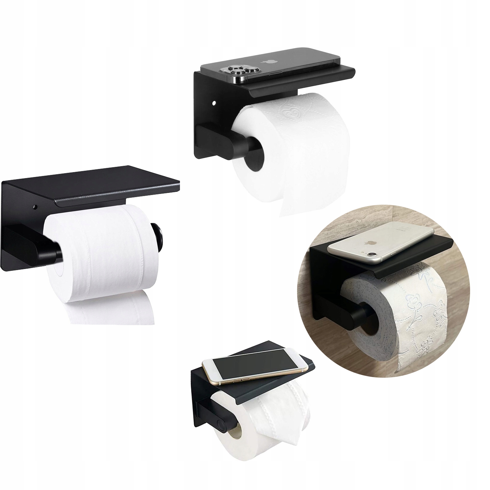 UCHWYT WIESZAK NA PAPIER TOALETOWY Z PÓŁKĄ METALOWY KOŁKI TAŚMA CZARNY