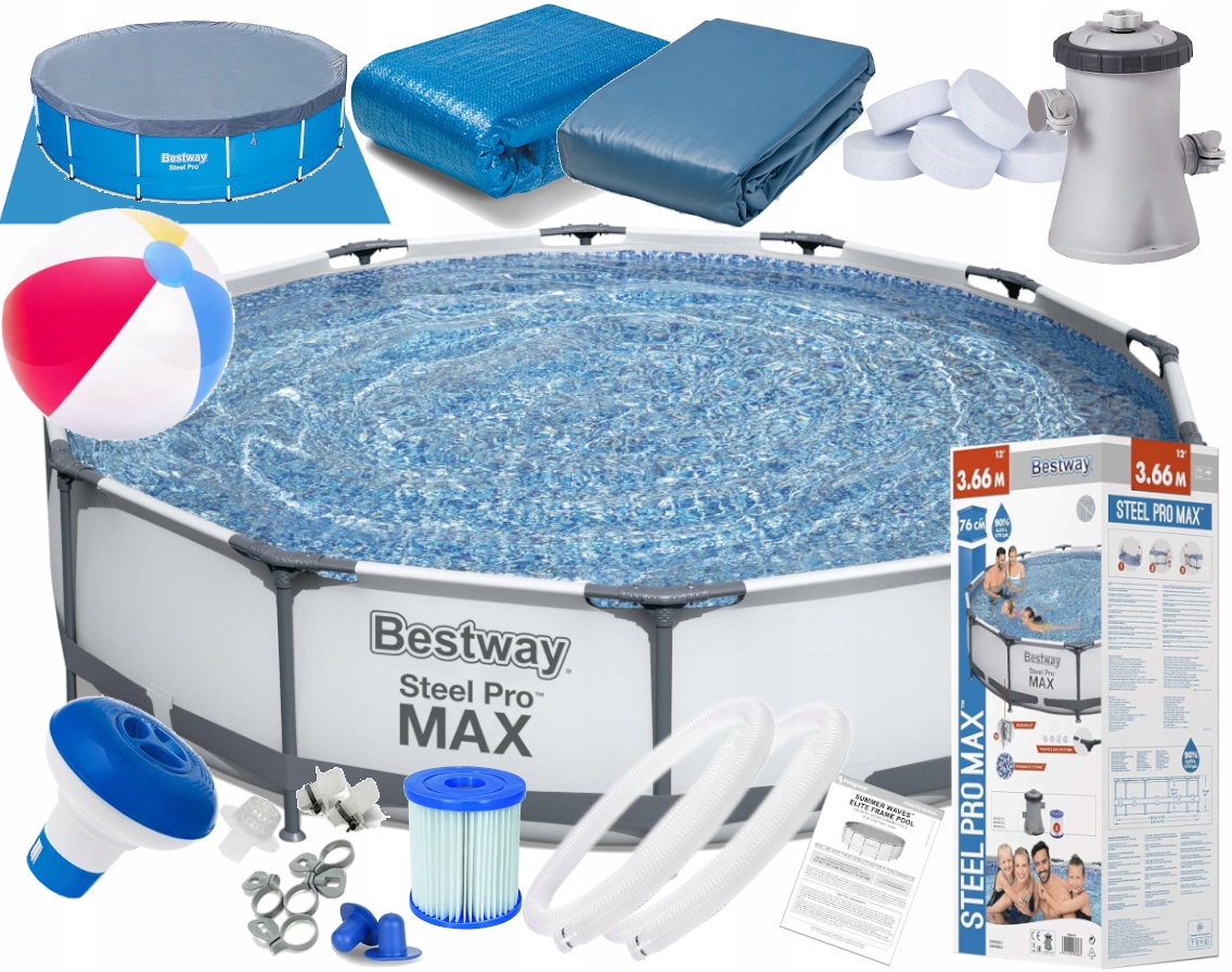 Basen Stelażowy Bestway 366x76 Ogrodowy Pompa dozownik chlor Steel Pro Max