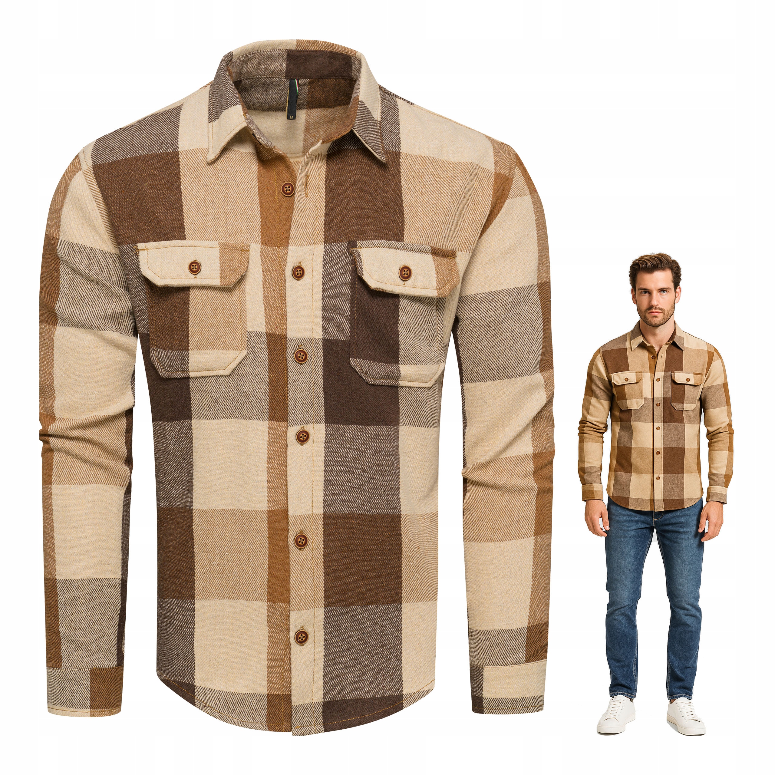 Koszula Flanelowa Męska w Kratę Na Guziki Kieszenie Brązowa rozm XXL