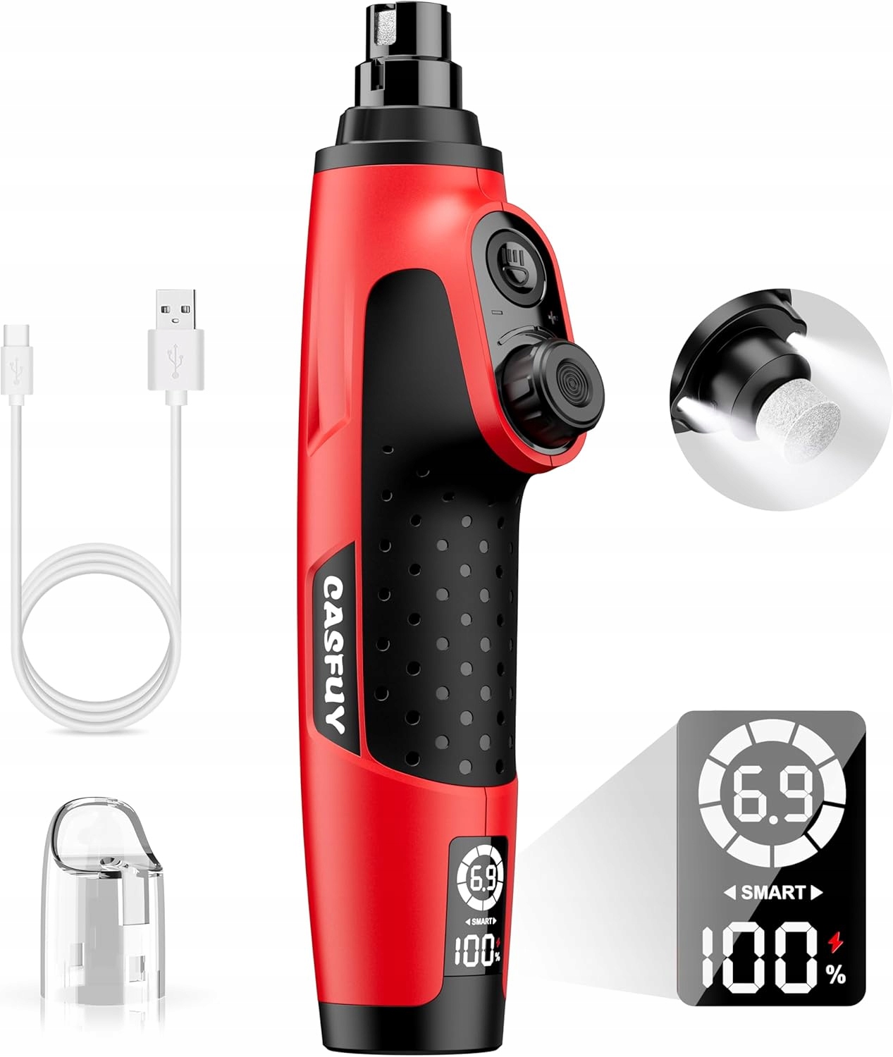 Casfuy N90 bruska na drápky 6 rychlostních stupňů 2 Led diody Usb červená