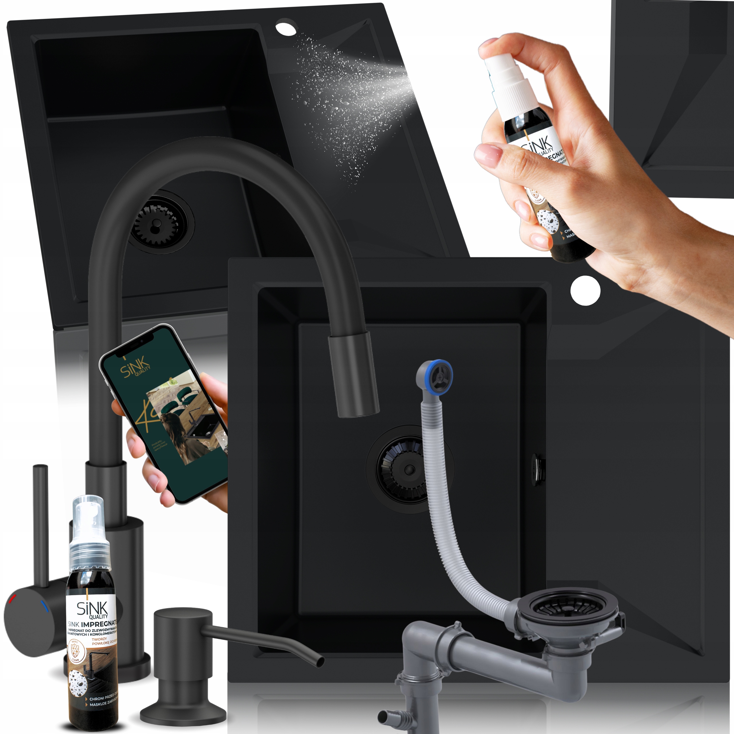 Granitový Dřez Jednokomorový S Odkapávačem A Baterií S Dávkovačem, Černý