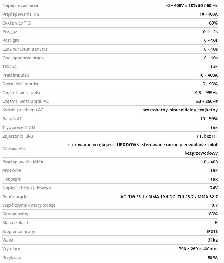 Spawarka ProTIG SPARTUS 401P AC/DC PULS 400A HF Waga urządzenia 31 kg