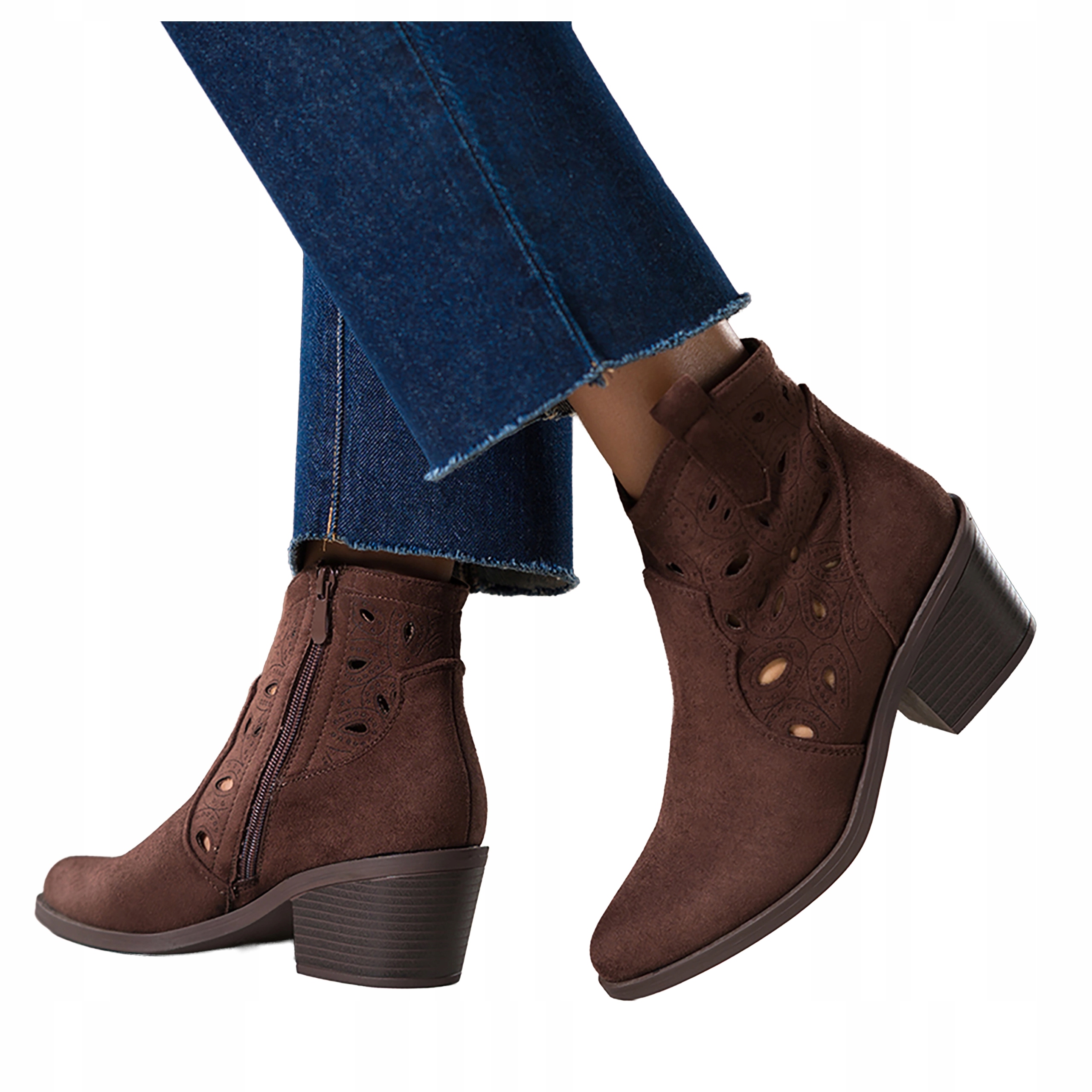 Čokoládové dámské kotníkové boty Kovbojské Boty Módní Zkosený Podpatek Ažurová kostka vel. 41