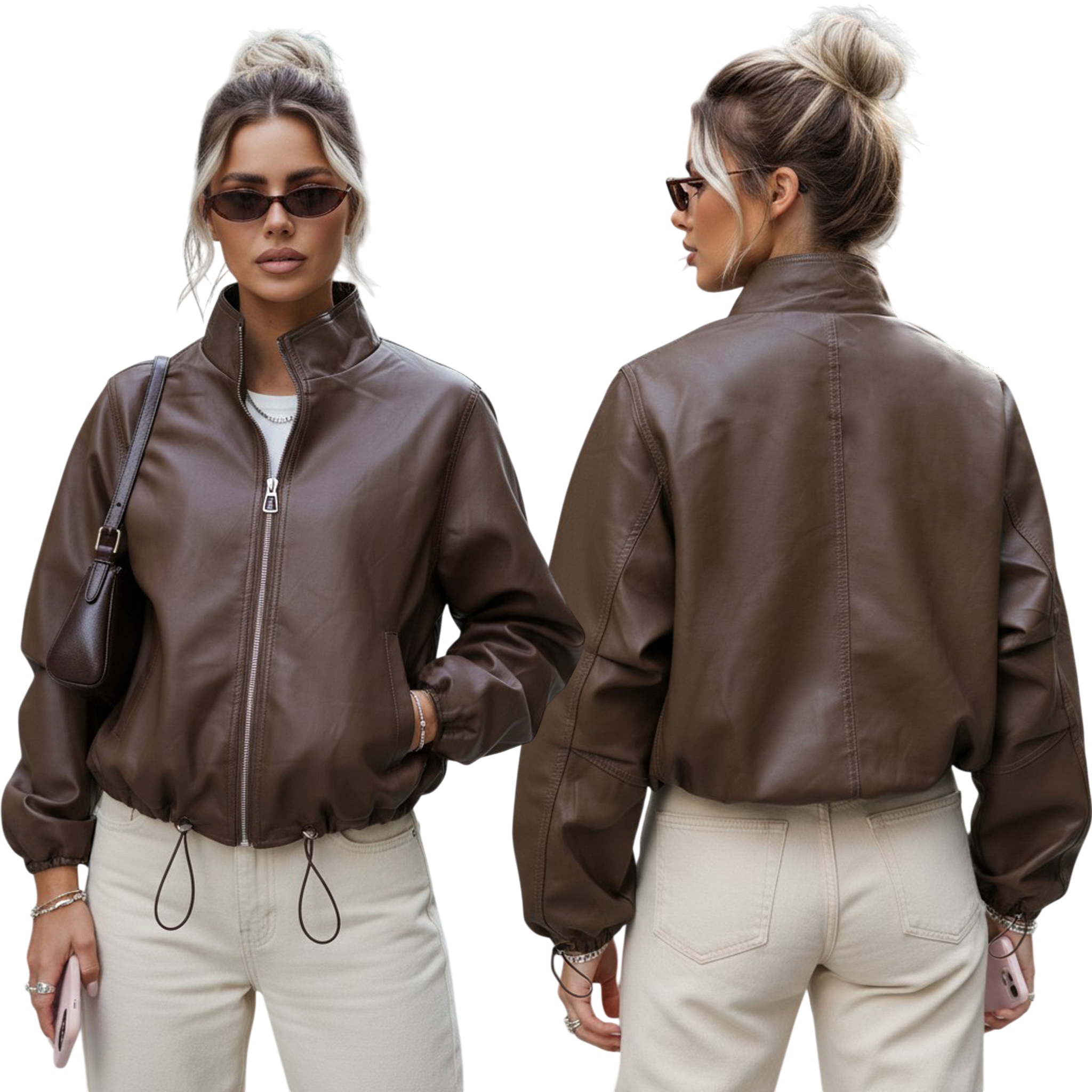 Kurtka damska skórzana bomberka ze stójką brązowa TY5596 XL