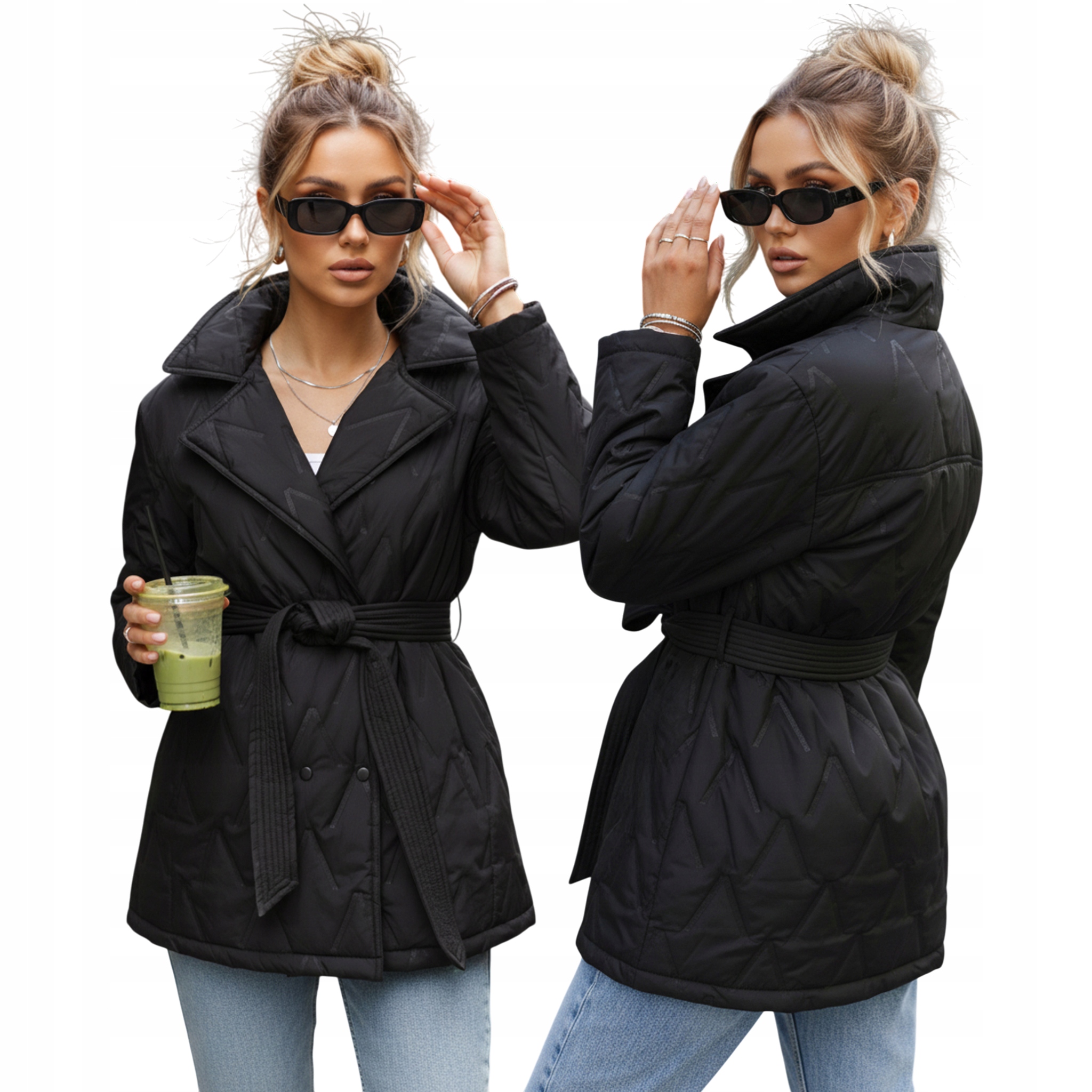 Kurtka damska pikowana przejściowa z paskiem w talii czarna TY5588 XL