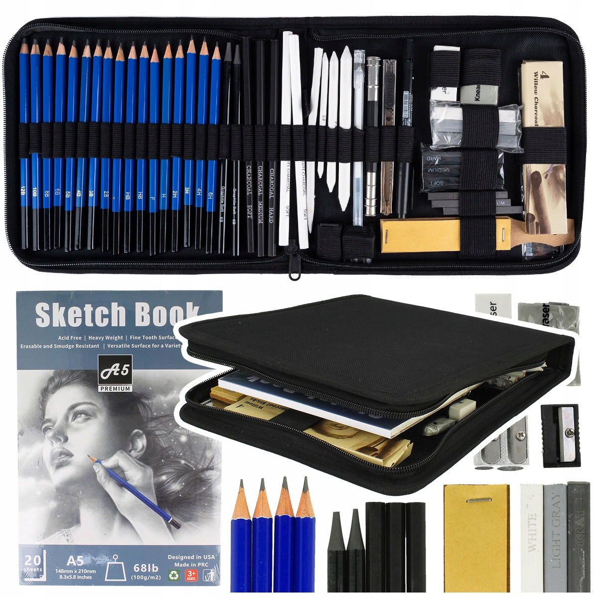 Profesionální Sada tužek pro Skicování Kreslení Pastelky Pouzdro 54v1