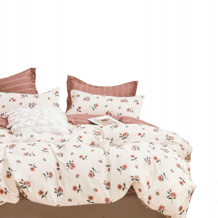 Pościel z satyny bawełnianej 180×200 cm, 4-części, biało-brązowa w kwiaty