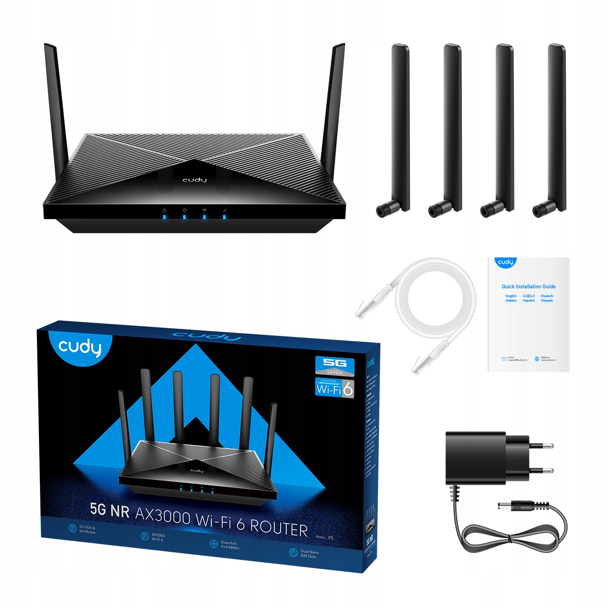 Bezdrátový router Wi-Fi 6, 5G, Dual-Band, 3000 Mb/s, 4x Gigabit Ethernet