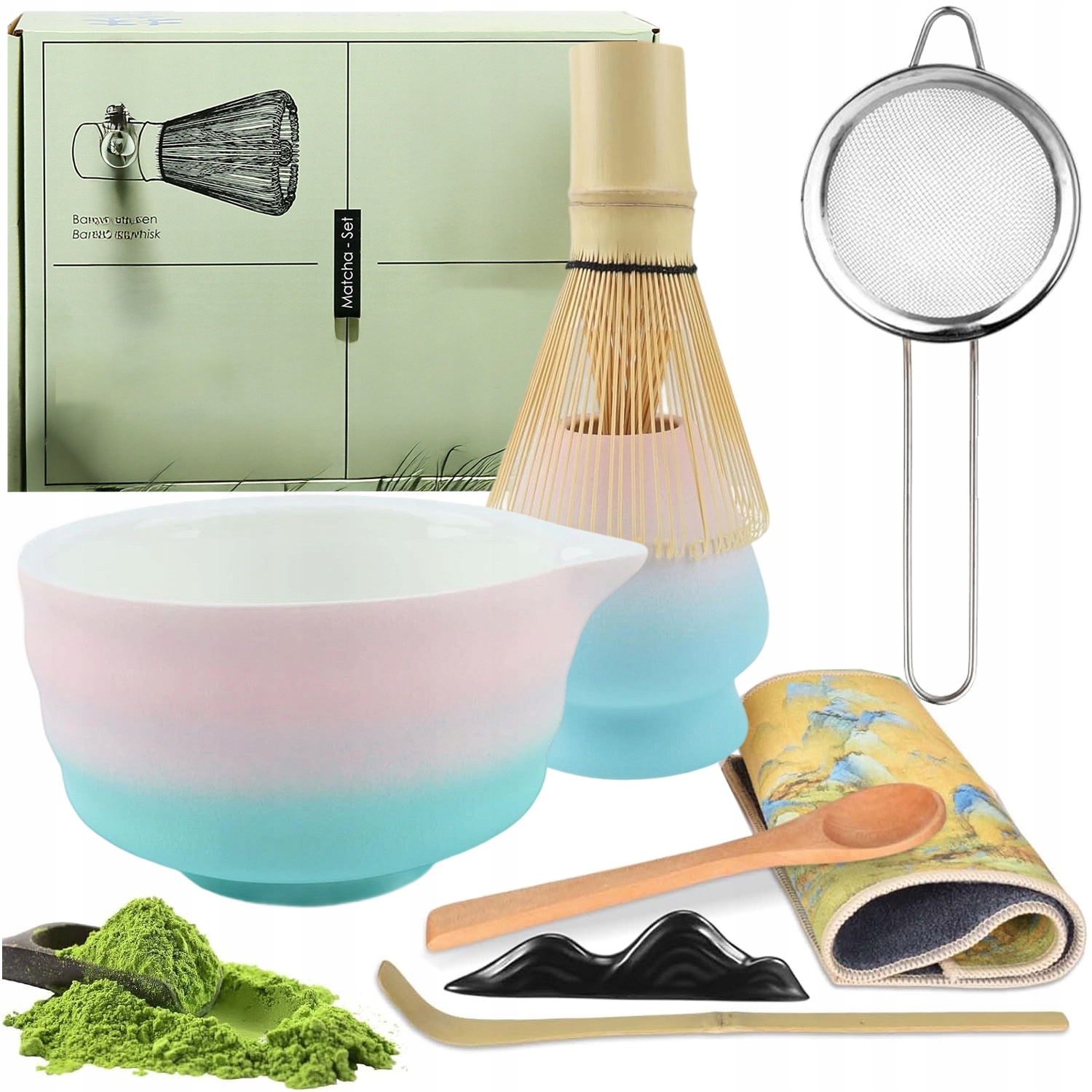 Zestaw Prezentowy Do Herbaty Matcha 8-CZĘŚCIOWY Zestaw Podstawka Łyżeczka