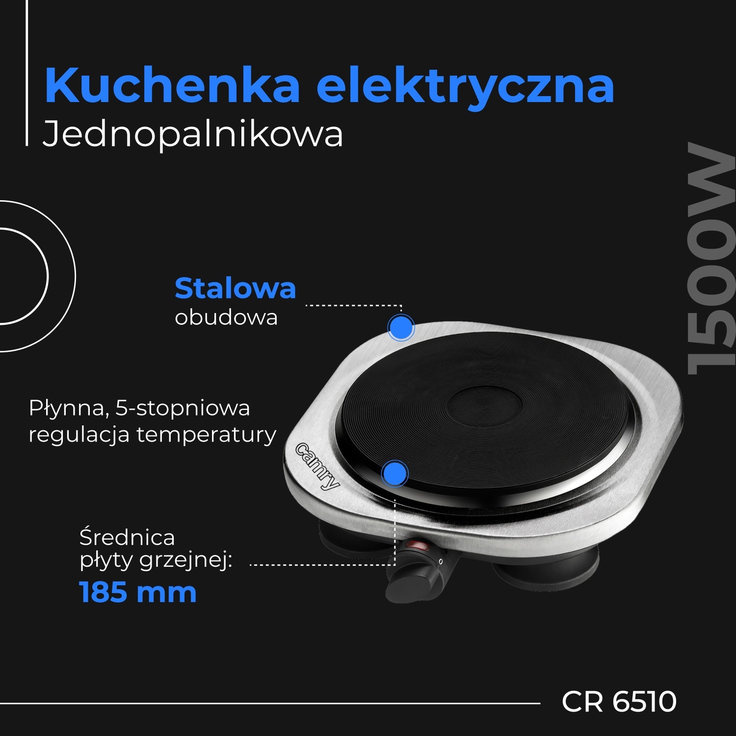 CR 6510 Kuchenka Elektryczna Jednopalnikowa 1500W Płynna Regulacja
