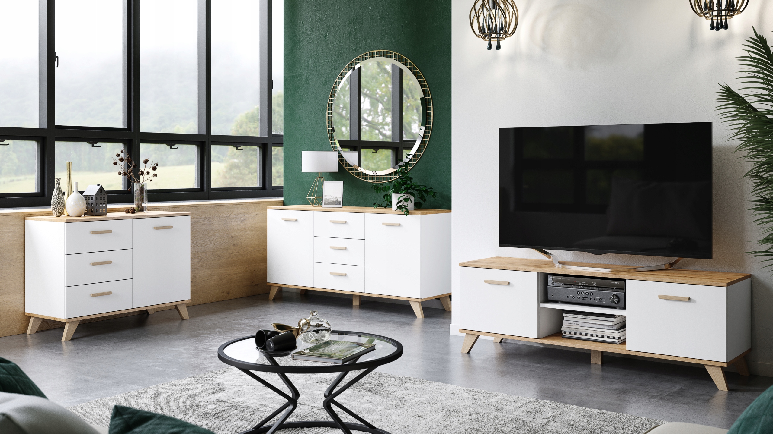 KOMODA SZAFKA RTV 3 SZUFLADY 2 DRZWI POJEMNA DUŻA BIAŁA MAT DĄB WOTAN 150cm Kolekcja Scandi