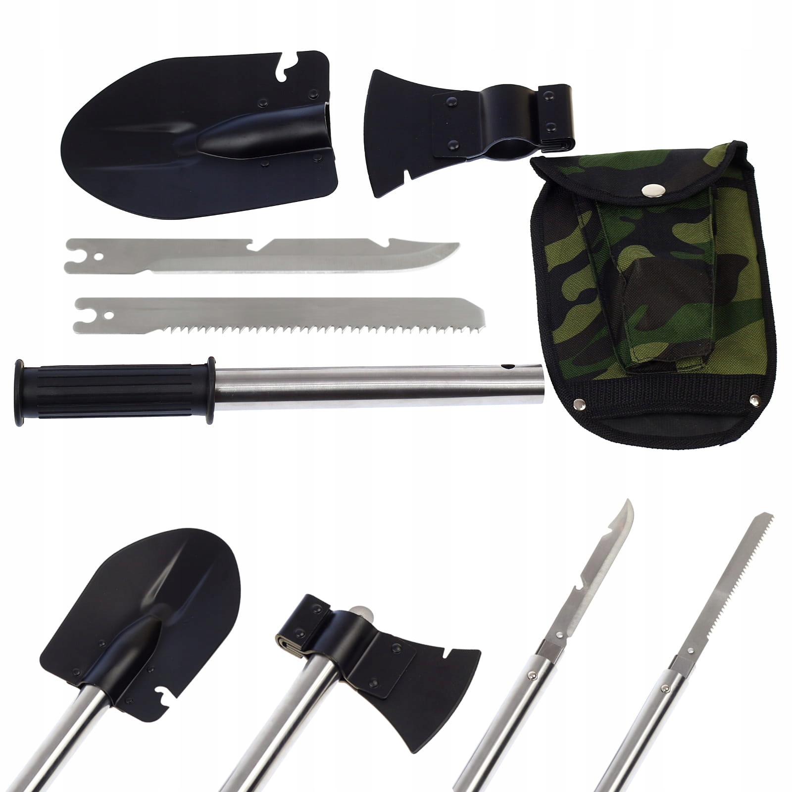 Multitool survival 8 funkcji - saperka (łopata), siekiera, nóż, piła