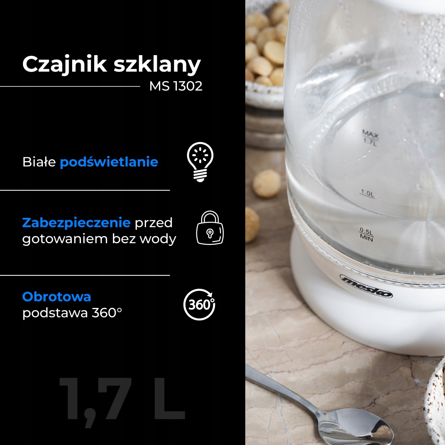 Czajnik szklany MS 1302 white 1,7L - szybkie gotowanie 2200W