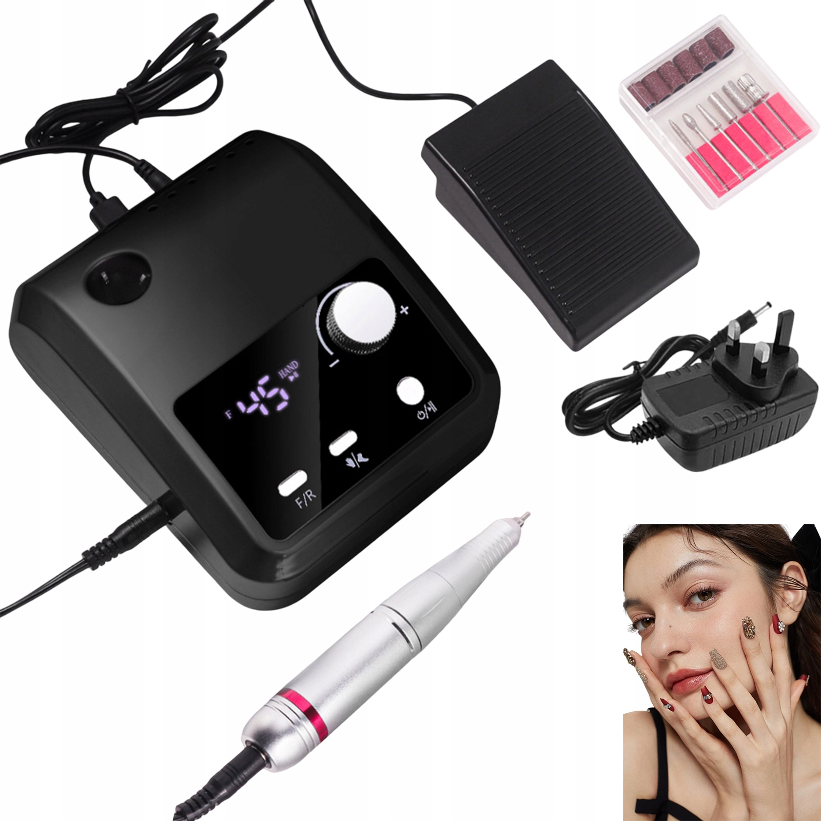 Elektrická Bruska 45000 Ot/minutu S Pedálem A Příslušenstvím, Černá