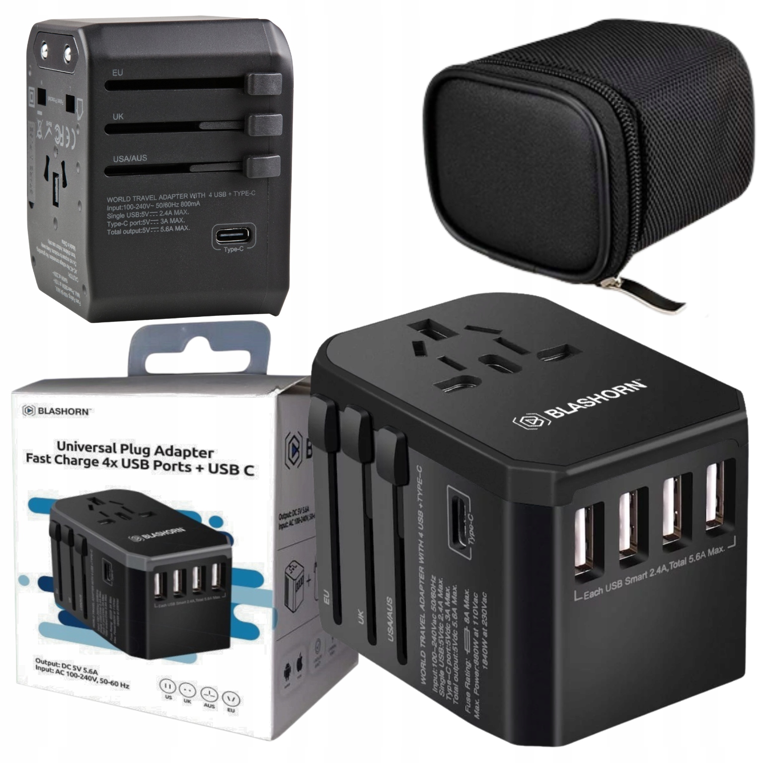 Adaptér adaptér cestovní nabíječka 4xUSB Usbc mezinárodní napájecí adaptér