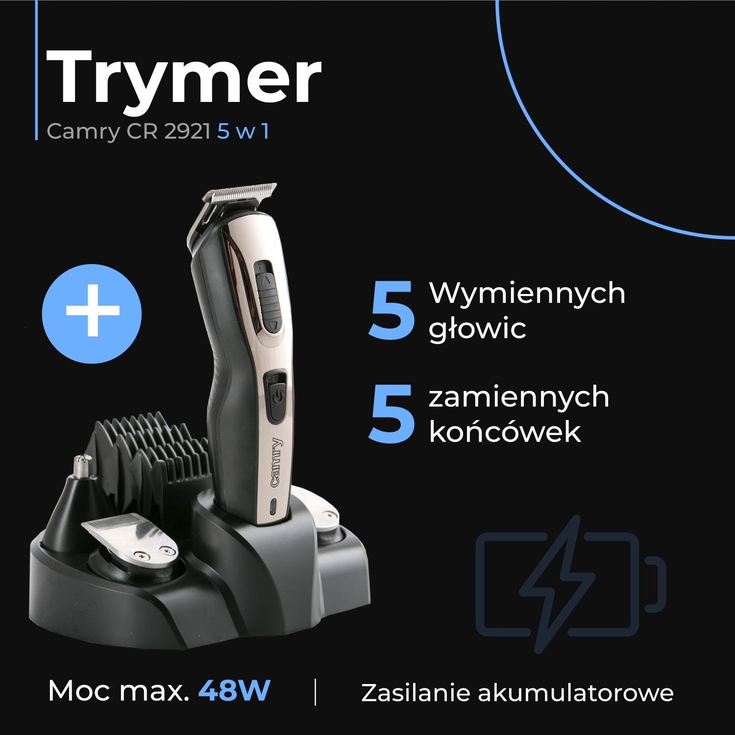 Trymer 5w1 CR 2921 - Strzyżarka, Golarka, Trymer 48W Zestaw