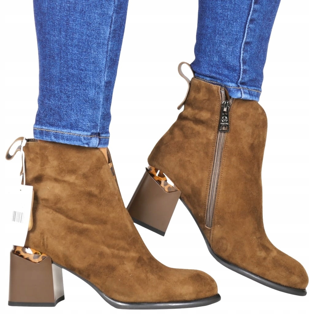 Dámské Kotníkové Boty Na Ozdobném Podpatku Z Panterky, Hnědé, Elegantní