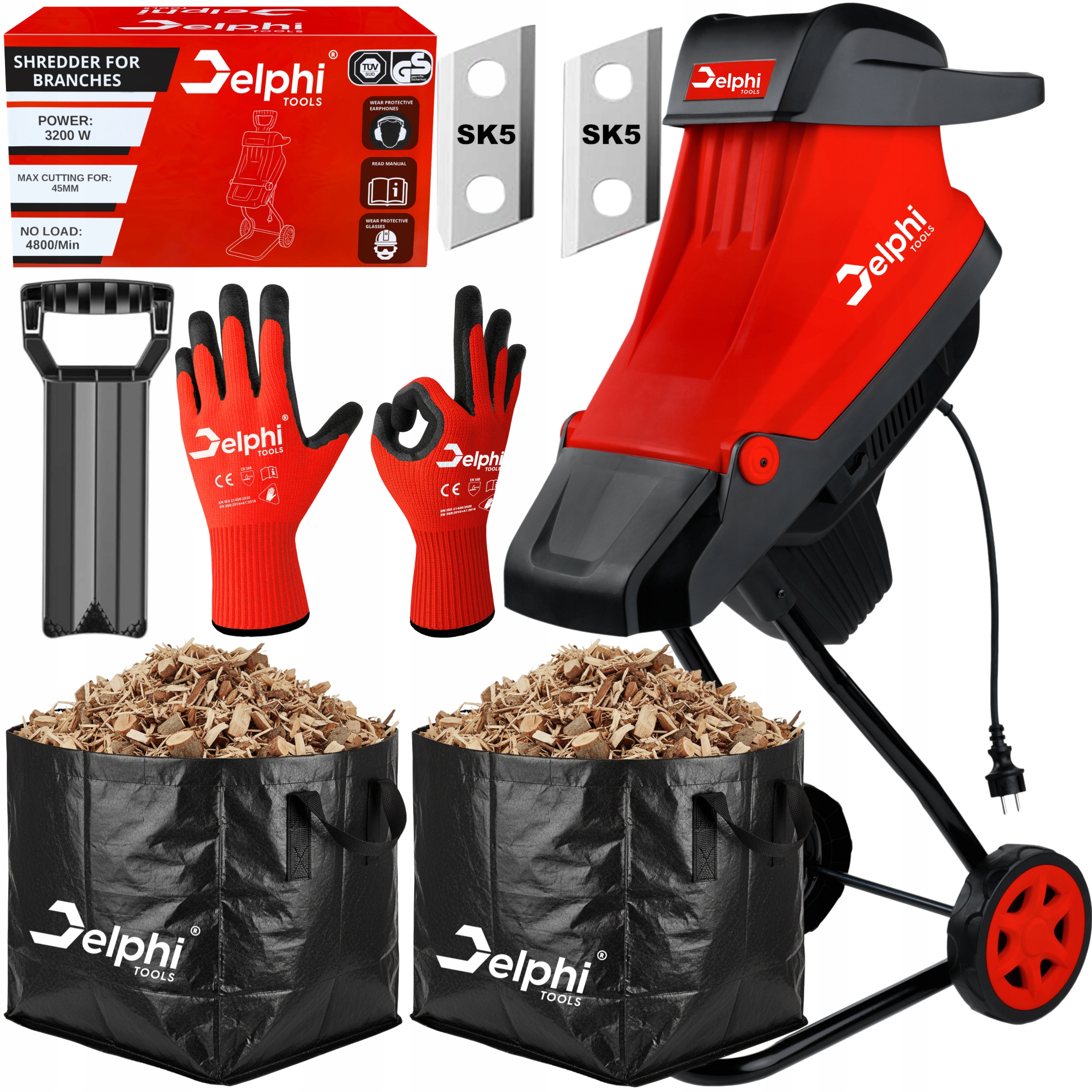 Drtič Větví Elektrický Drtič 45 mm 3200 W 2x Koš