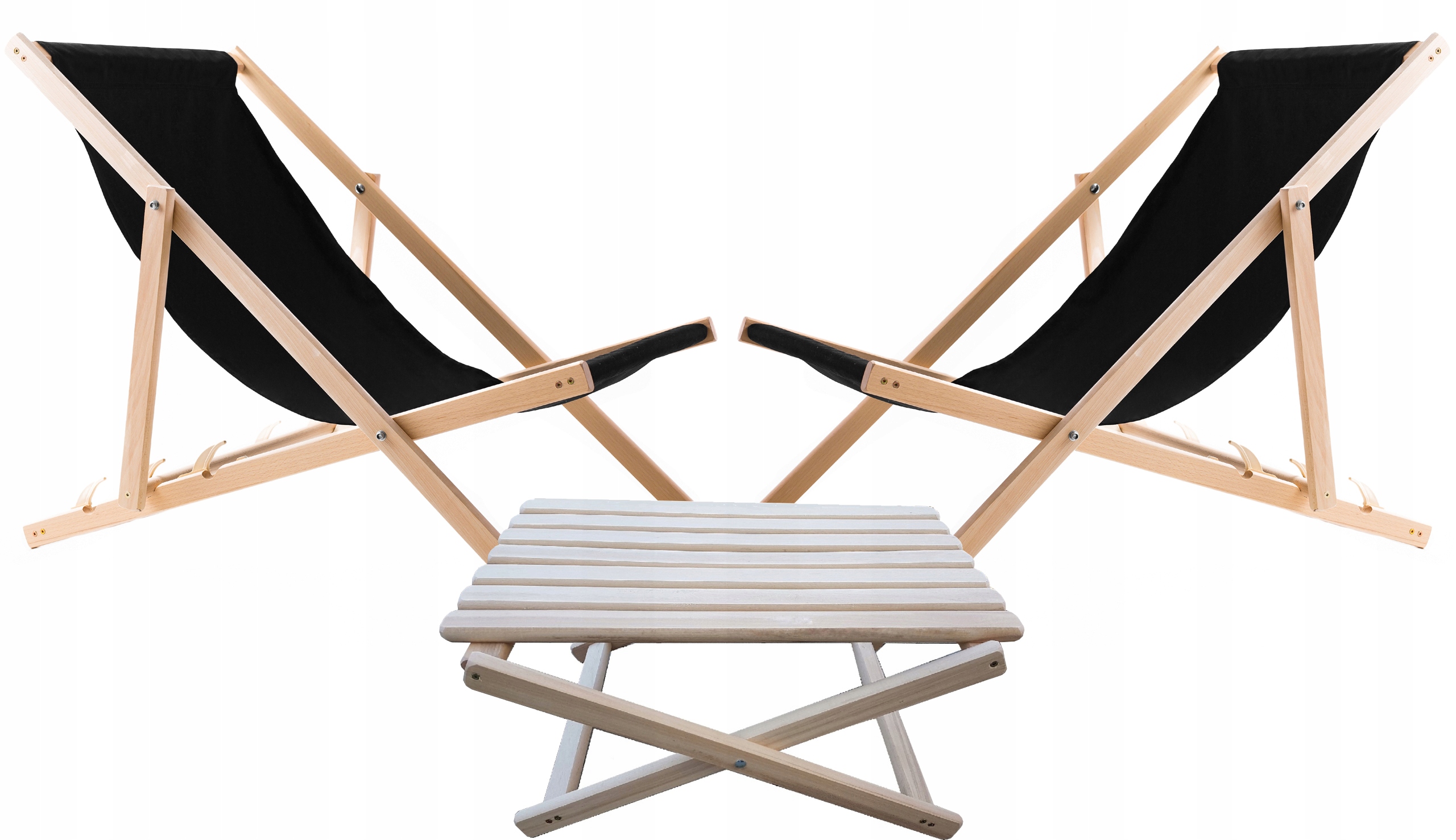 2X Ležadlo Plážové Záhradné Drevené Woodok Čierne Kávový Stolík