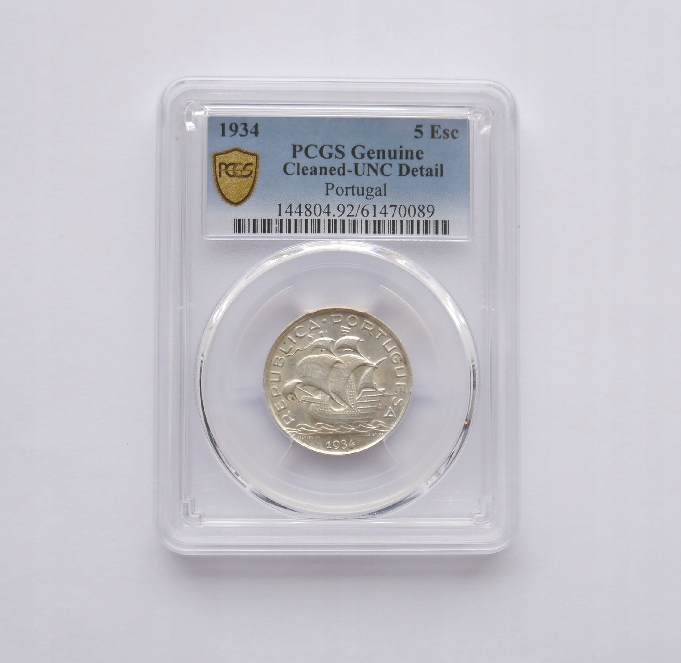 PORTUGALIA 5 ESCUDOS 1934 PCGS UNC DETAIL SREBRO