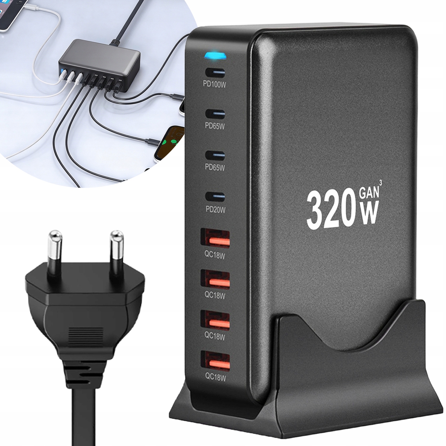 Wieloportowa Ładowarka 320W 4 Portów Pd i 4 Qc Do Laptopa i Telefonu