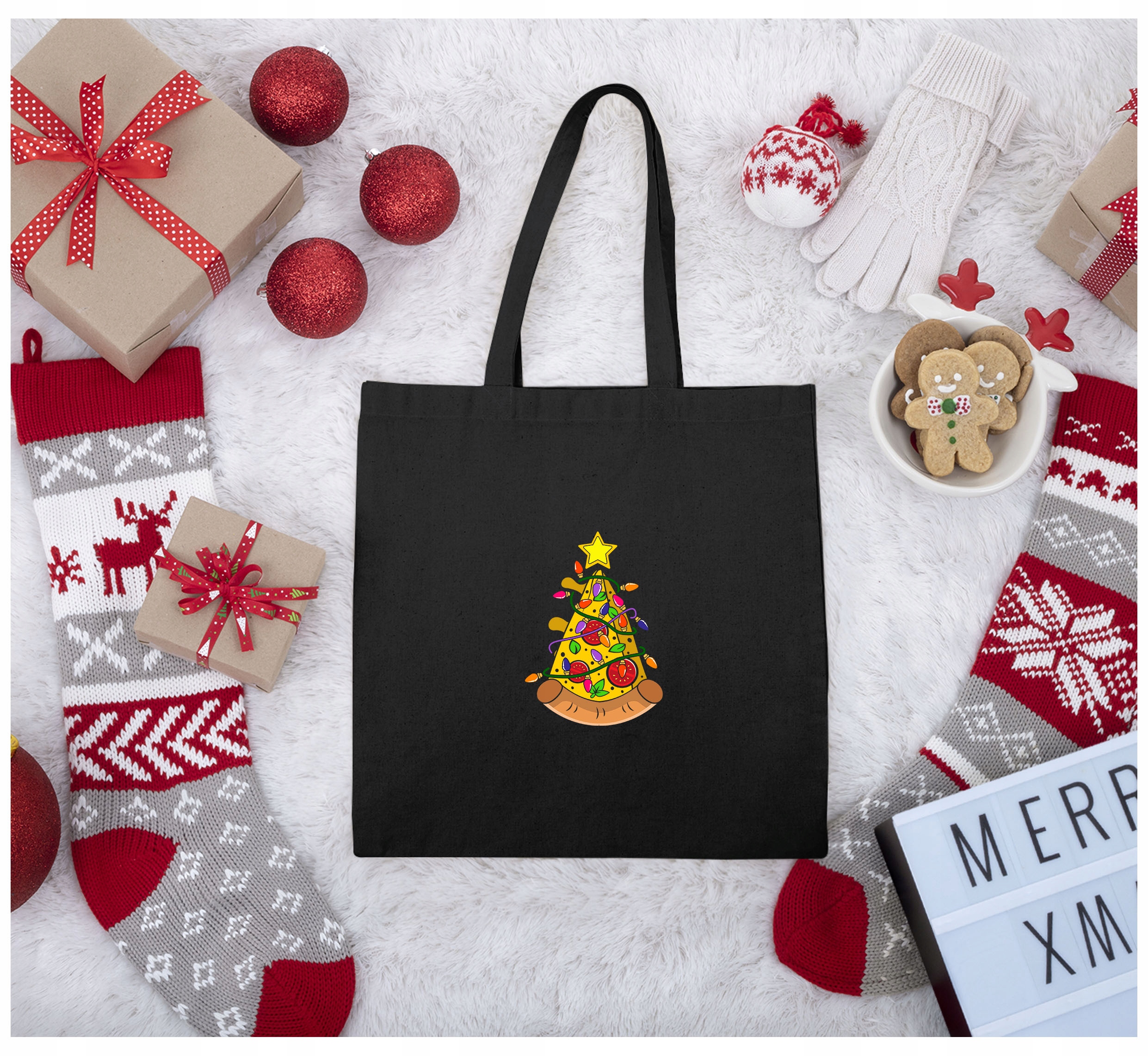 Torba Świąteczna Pizza Czarna na Ramię Eko Torebka Choinka Bawełniana Stan opakowania oryginalne