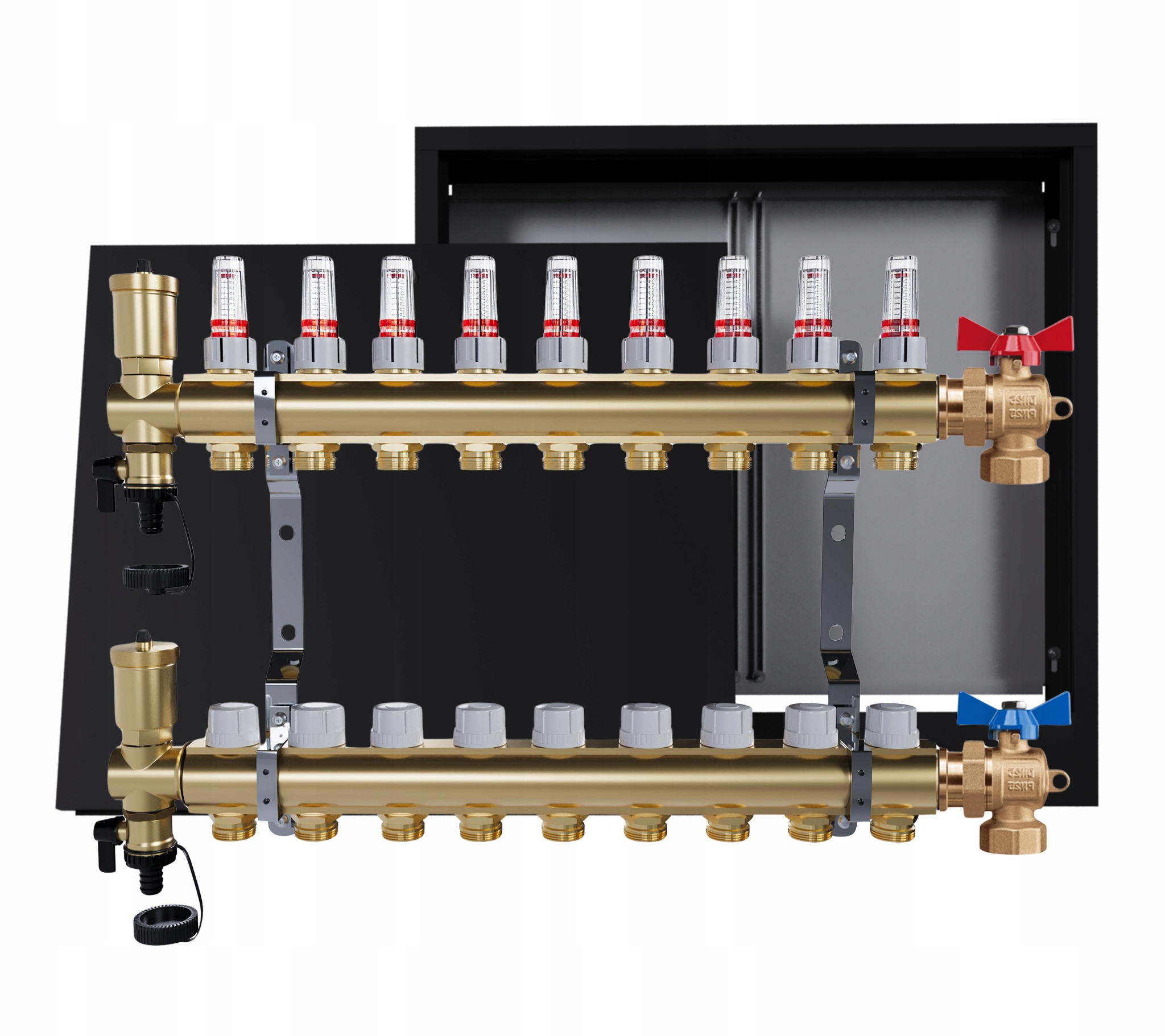 Rozdělovač mosazný Podlahovky 9 okruhů Nástěnná skříňka Černá Ventily