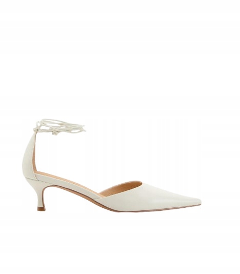 Skórzane Buty Czółenka Ecru Na Obcasie Klasyczne Gładkie Wiązane 36