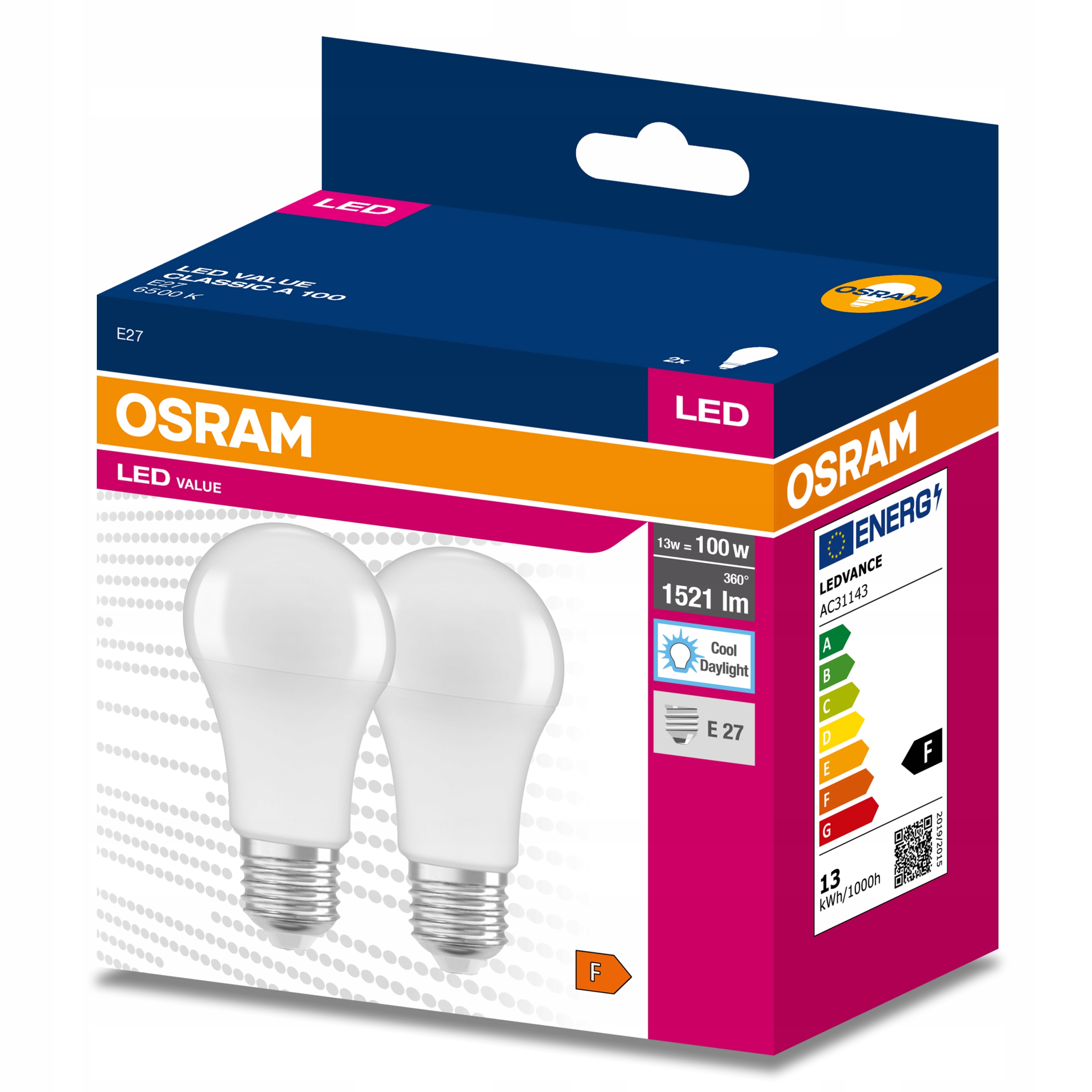 

2x Żarówka Led E27 13W 100W 1521lm 6500K Osram