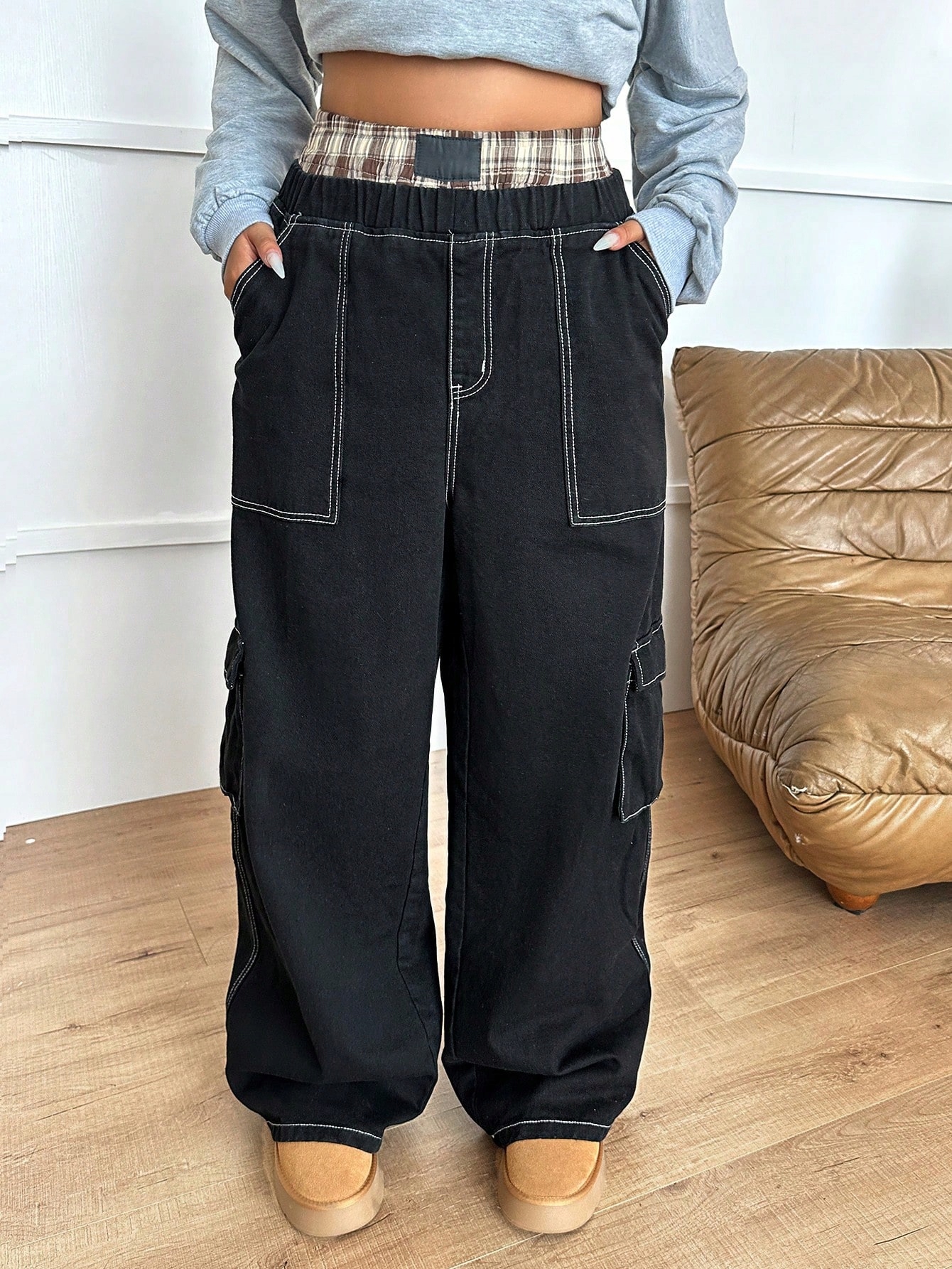 Džíny Kapsáče S Kontrastním Švem Elastický Pas Casual Shein 4XL 48