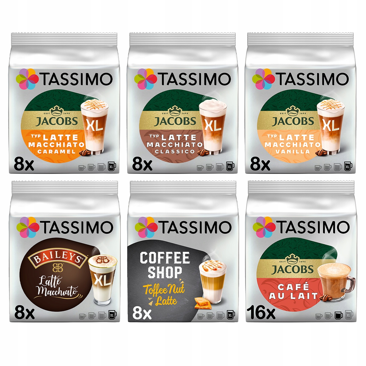Kapsułki Tassimo zestaw kawy mleczne, 5+1 opakowanie Gratis!